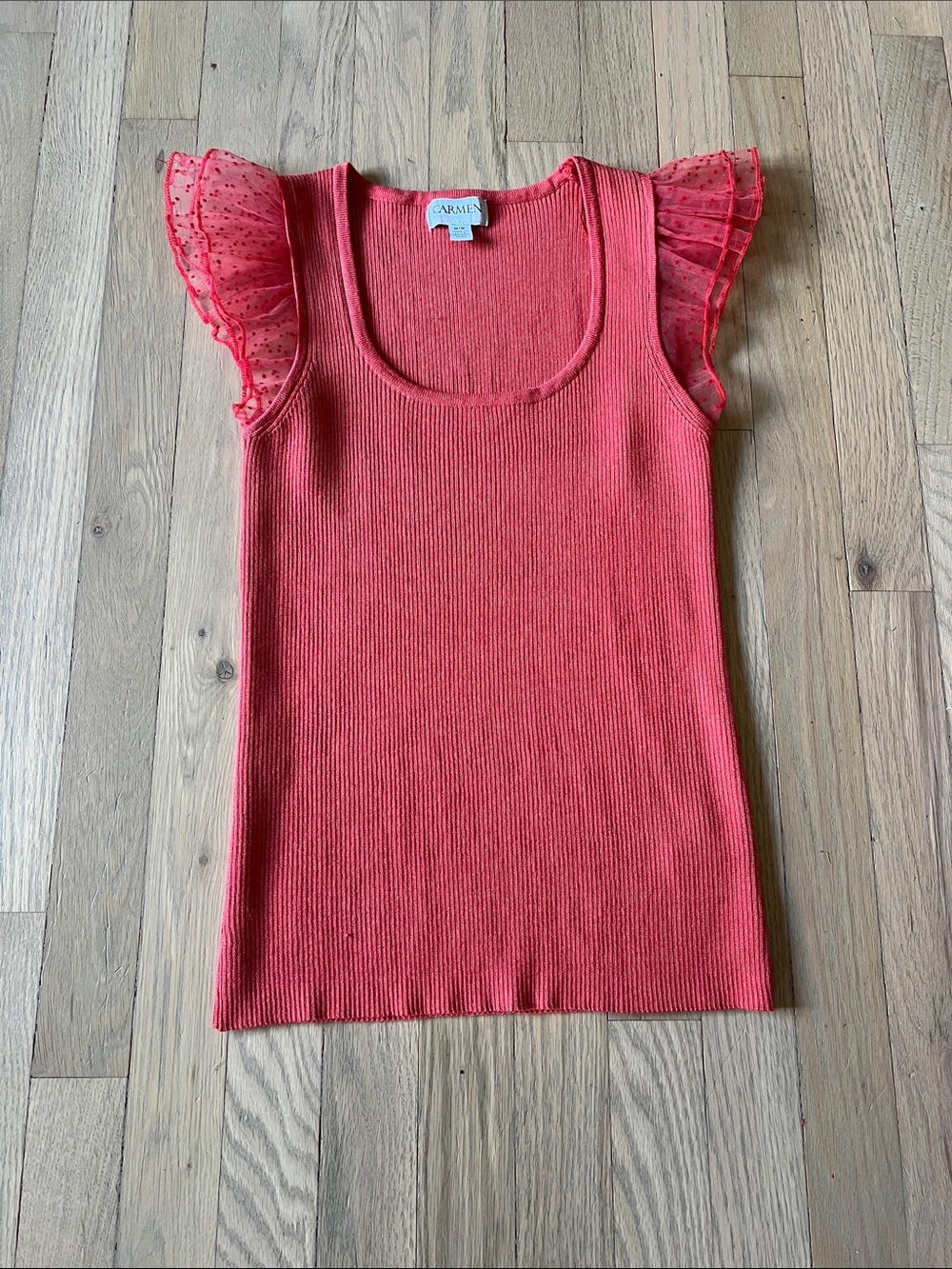 Carven Coral Knit Tank with Sheer Ruffle Sleeves